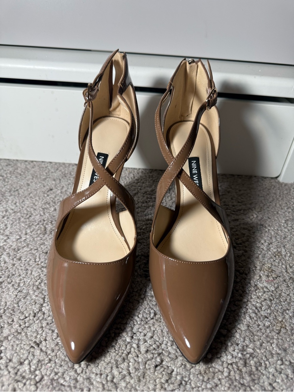 Nine West Brown Patent Pointed-Toe Crisscross Ankle-Strap Heels